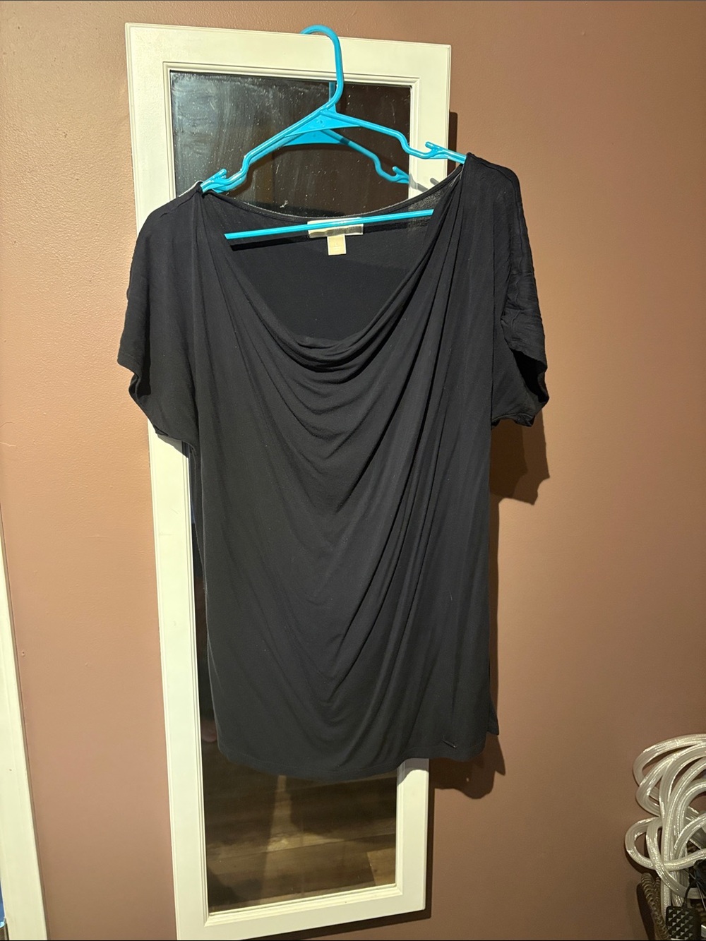 Navy Blue short sleeve cowl neck Women's Top - Classic Minimal Style
